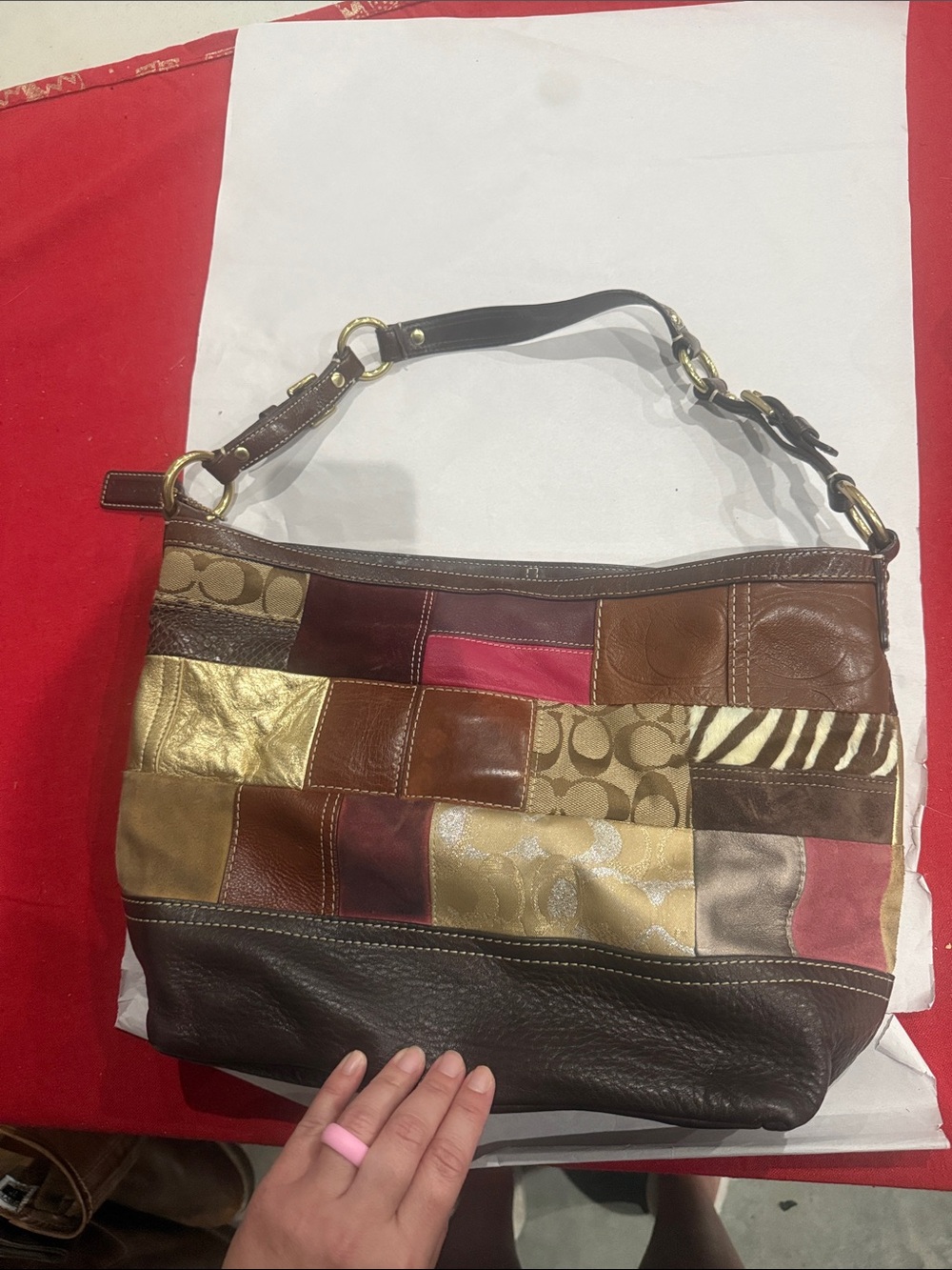 Vintage holiday coach Patchwork Leather Shoulder Bag in Brown, Gold & Red